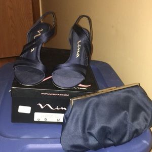Nina, Satin blue open toe pumps with bag to match